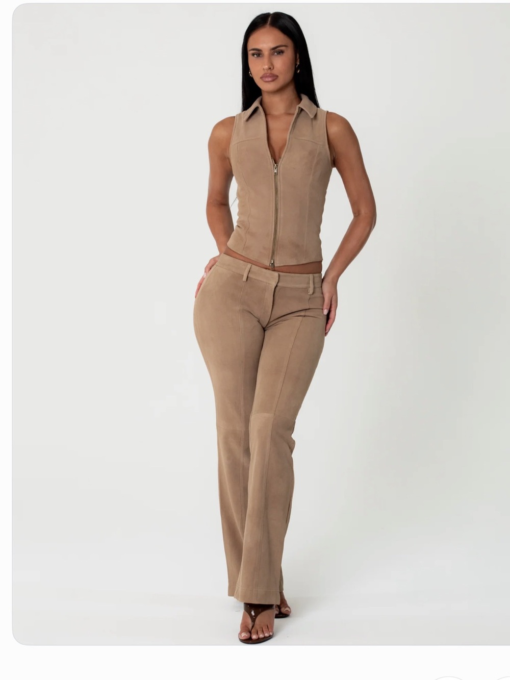 Suede Mid Rise Flared Pants - Taupe